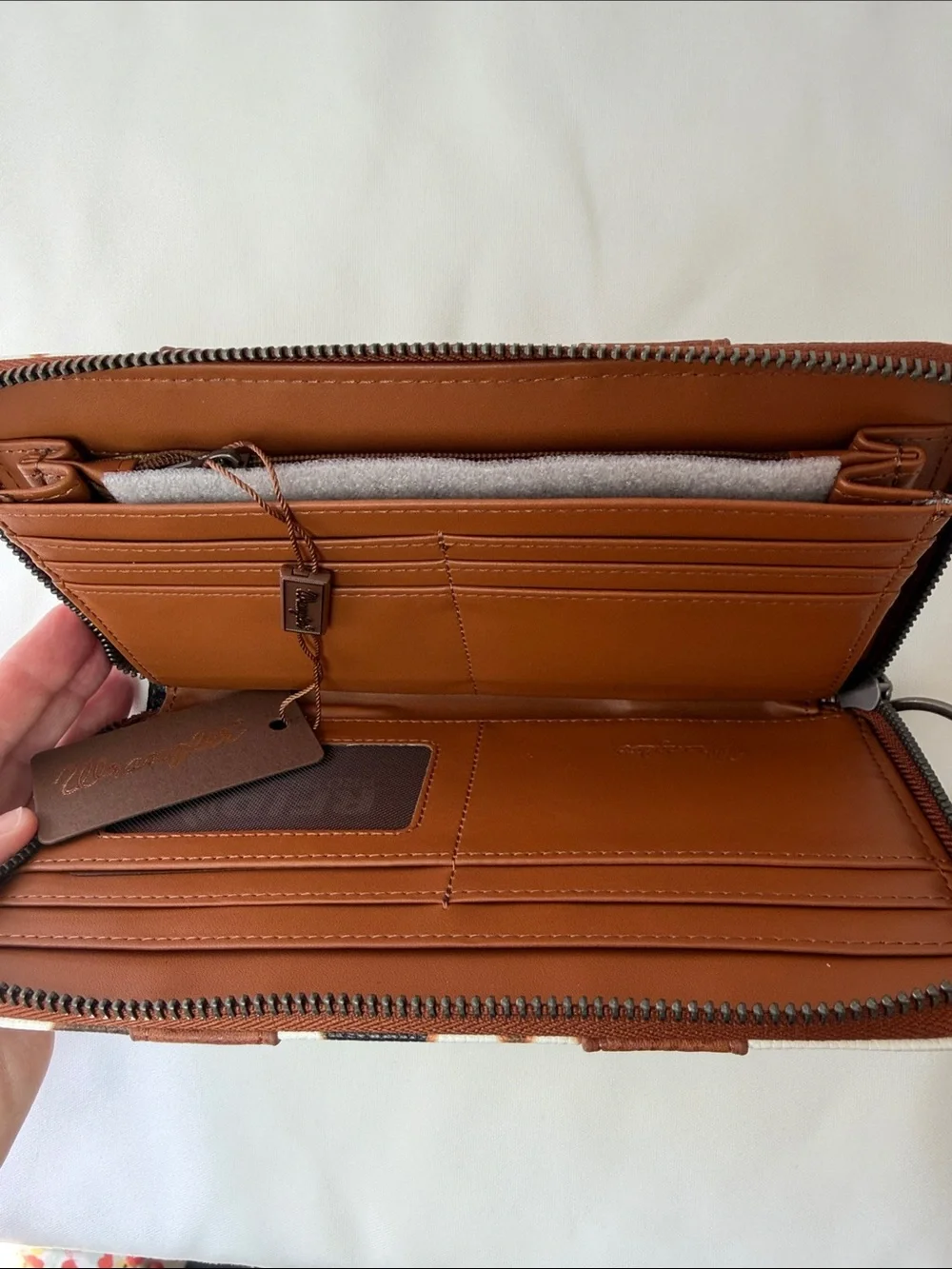 Wrangler Brown, Black & White Cowhide Zip Wallet with Wristlet